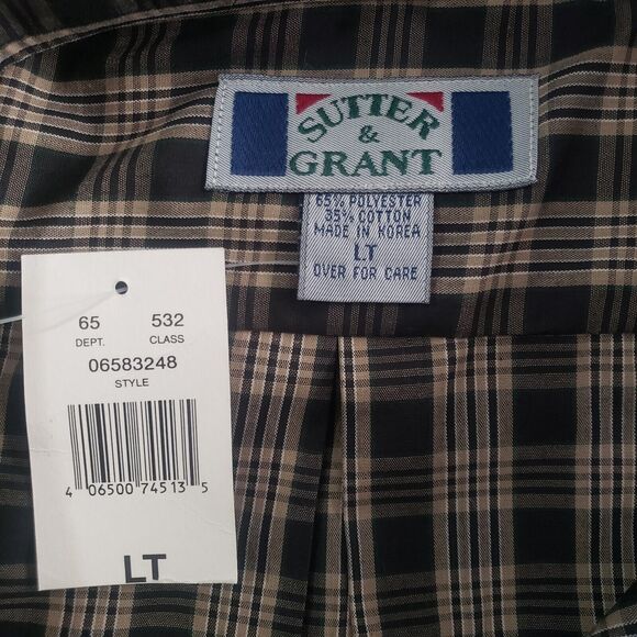 Sutter & Grant Button Down Shirt Men's Large Tall Plaid Black Tan Poly Cotton - Picture 5 of 8